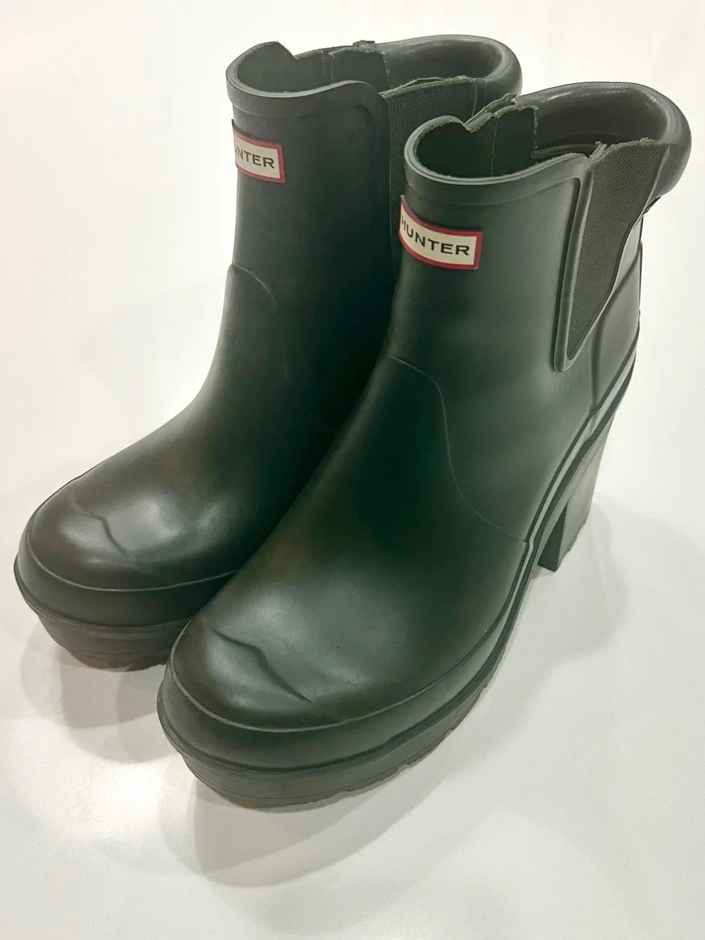 Hunter RARE Original Block Heel Chelsea Ankle Deep Olive Rain Boots Size 9